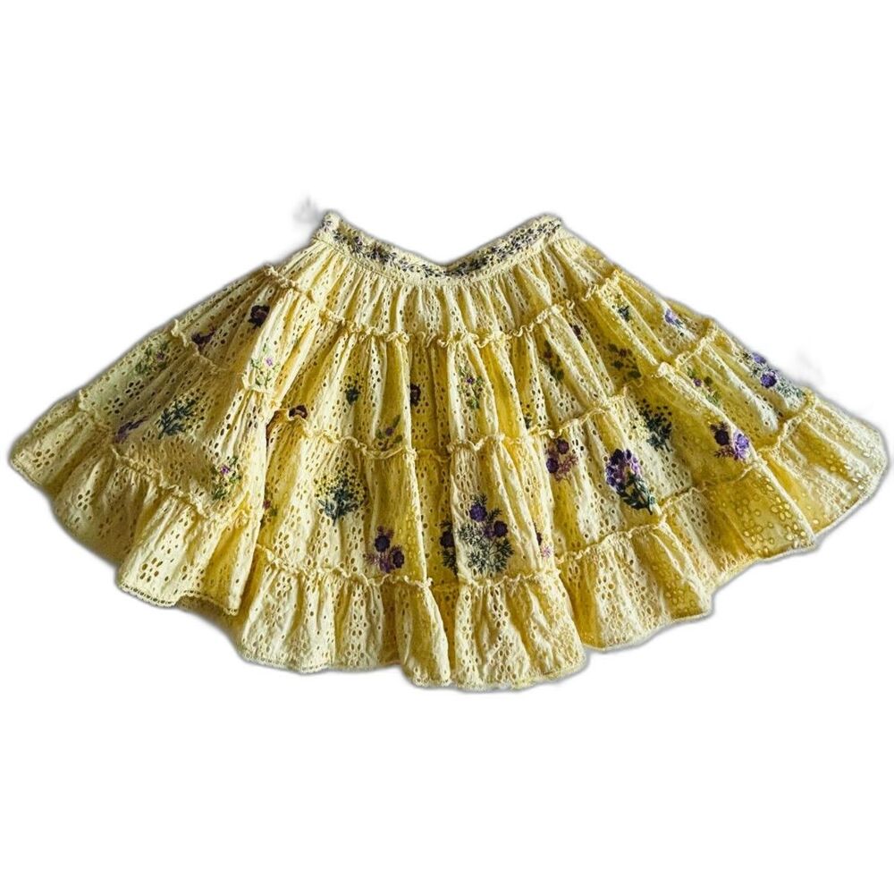 Hemant & Nandita Yellow Floral Embroidered Eyelet Tiered Mini Skirt